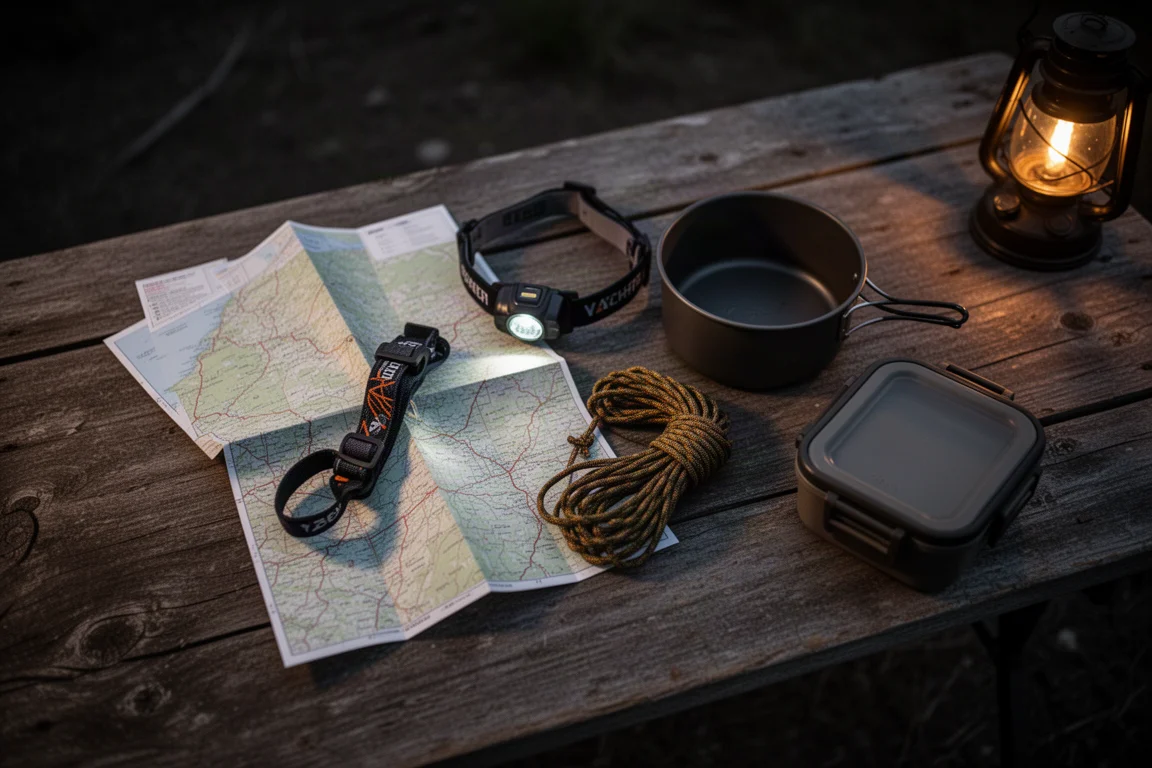 Visão aérea de itens essenciais de camping overland sobre uma mesa de madeira envelhecida ao anoitecer