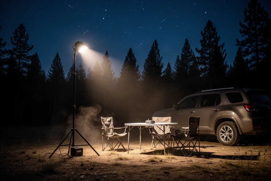 Acampamento remoto à noite iluminado por uma luz alta em tripé sob as estrelas