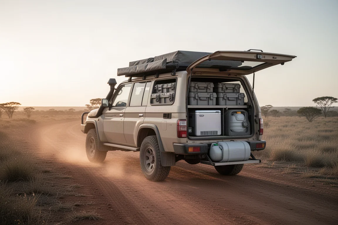 Veículo overland carregado com tampa traseira aberta em uma estrada de terra remota ao amanhecer
