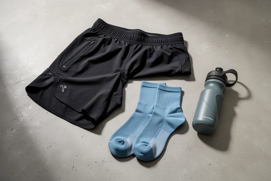 Running shorts, socks, and handheld water bottle flat-lay on concrete