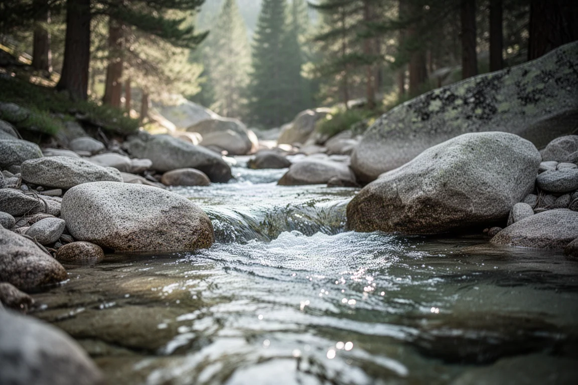 Arroyo de montaña cristalino que fluye sobre rocas de granito en un bosque de pinos