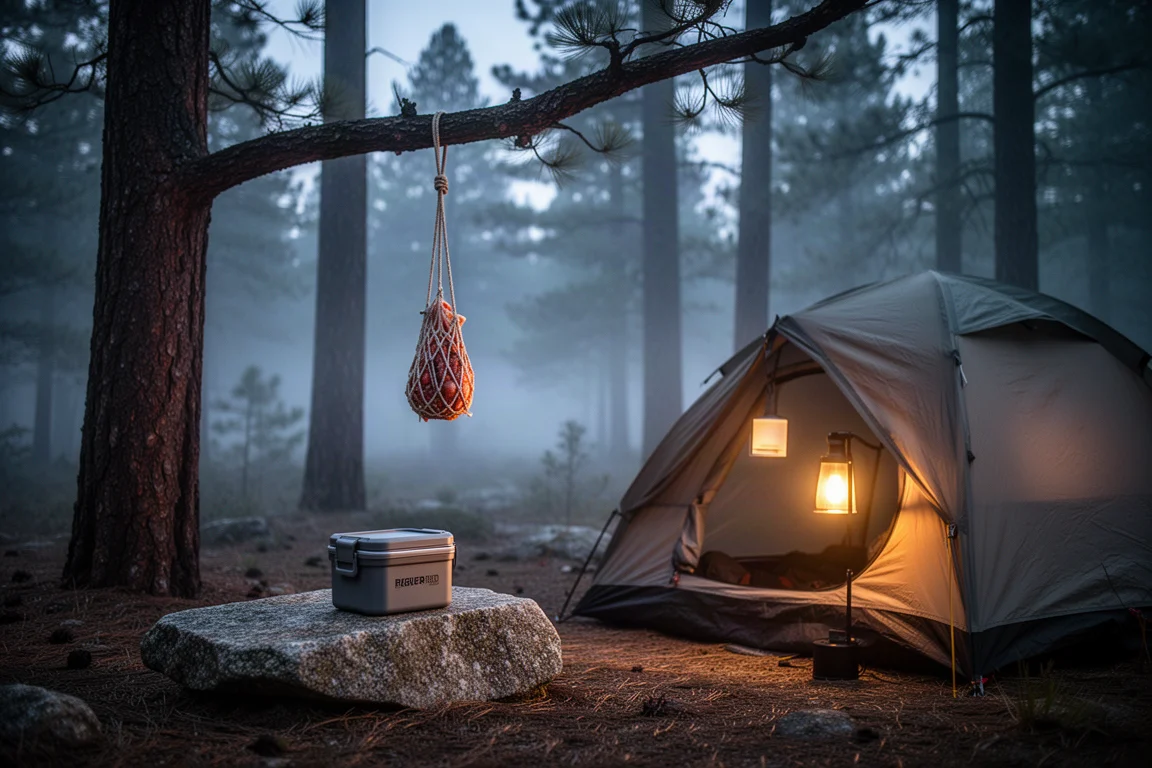 Campamento al anochecer en un bosque de pinos con una cuerda para colgar comida y un recipiente de comida sobre granito
