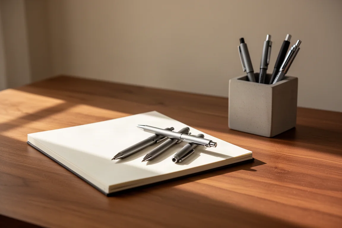 Un escritorio ordenado con bolígrafos organizados en un estuche vertical junto a un cuaderno