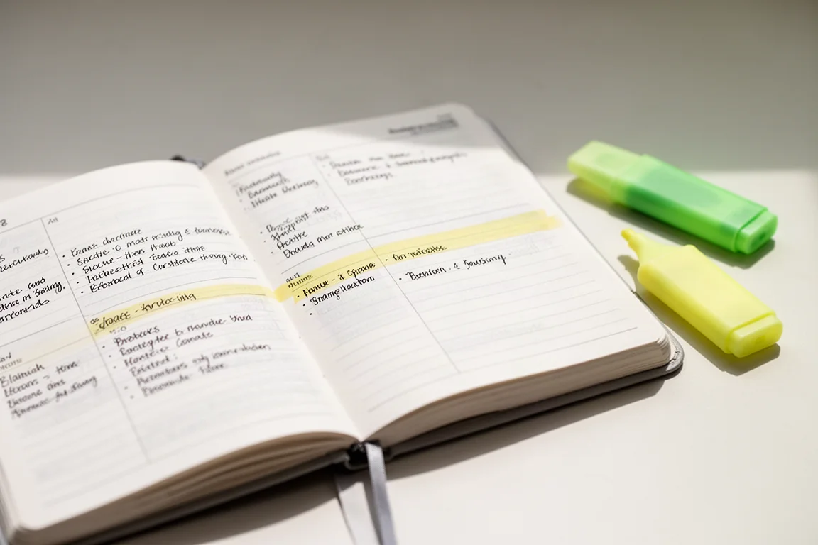 Una mano resaltando una línea de texto en una agenda abierta con un rotulador fluorescente amarillo