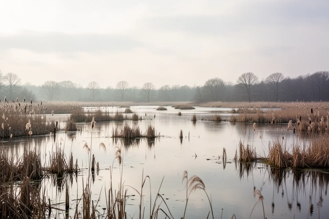 Wetland marsh at early morning with open water and reeds