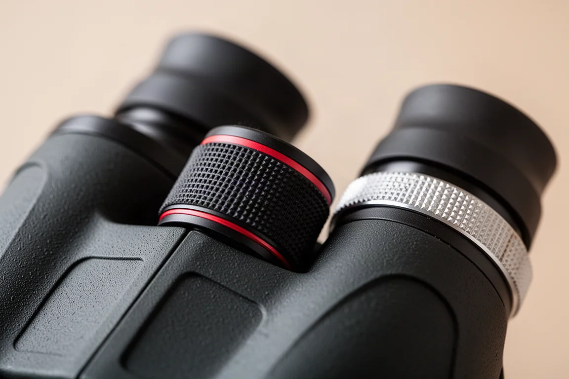 Close-up of a binocular focus wheel and metal diopter ring