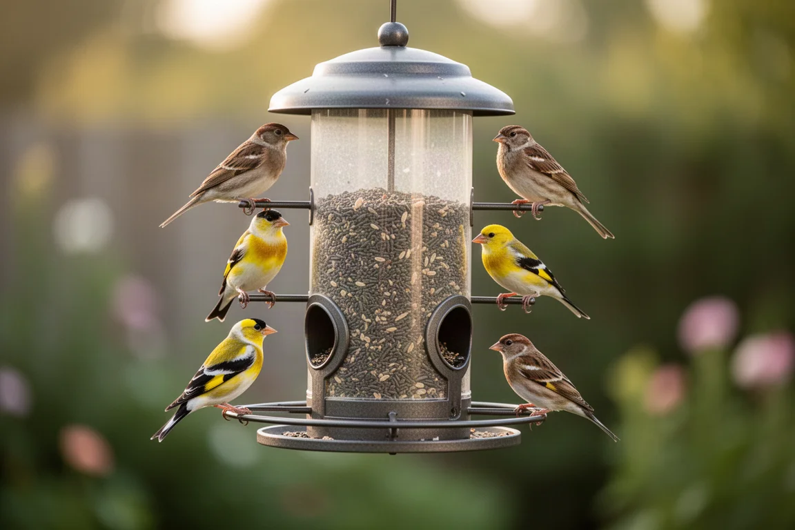 Goldfinches and sparrows perched around a backyard bird feeder