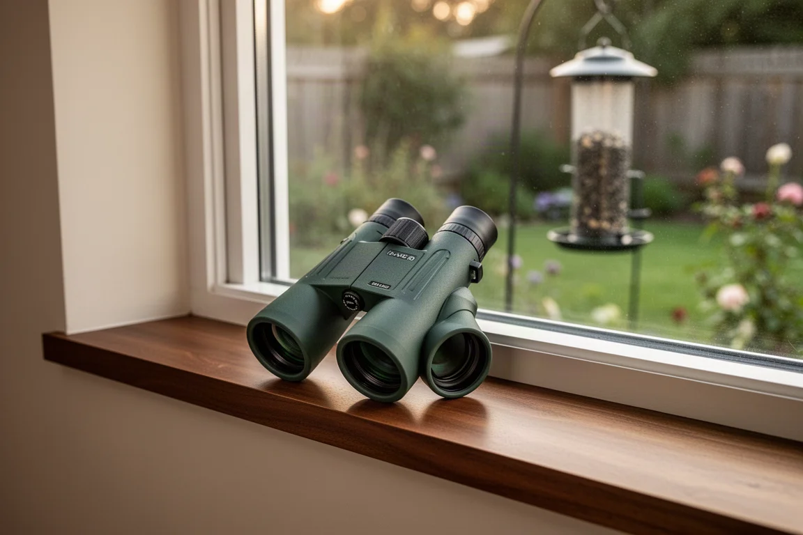 Binoculars resting on a wooden windowsill overlooking a garden