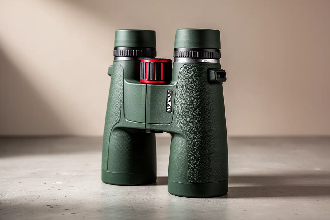 Overwork 8x42 binoculars in dark green finish standing on a concrete surface