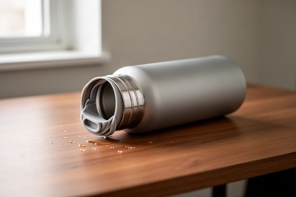 Waterfles die kantelend op een houten bureau ligt
