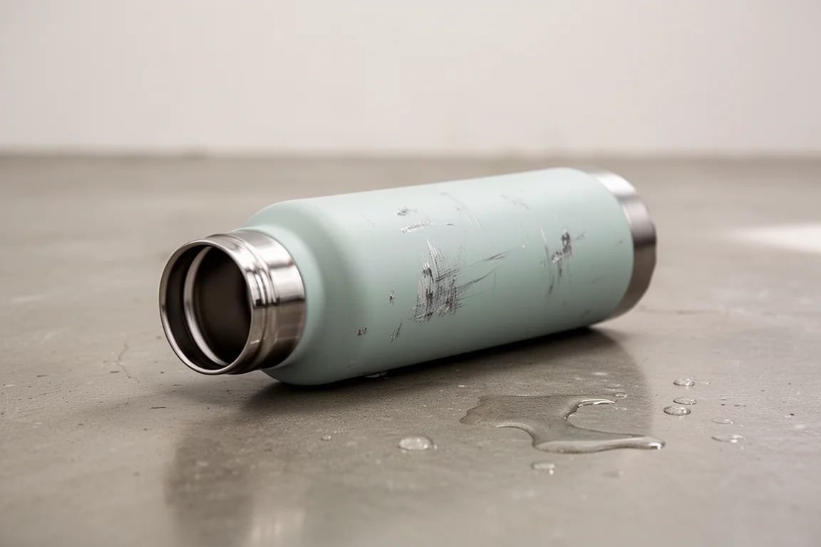 Geïsoleerde fles die op zijn zij ligt na een val op een betonnen vloer