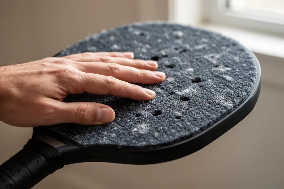 Gros plan d'une main frottant la face texturée semblable à de la moquette d'un paddle de pickleball
