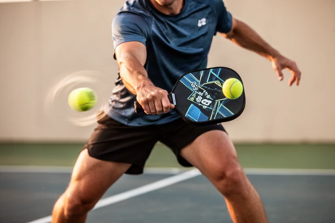 Joueur de pickleball frappant un drive depuis la ligne de fond sur un court extérieur