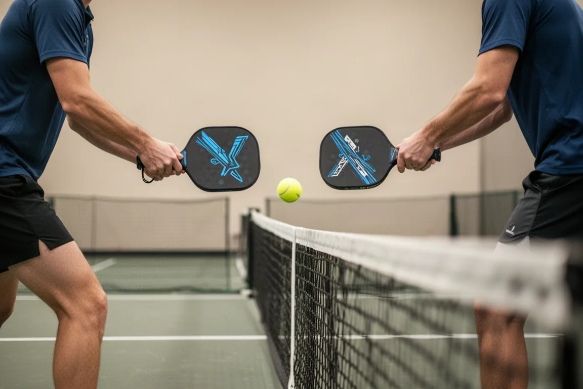 Deux joueurs de pickleball faisant des dinks à la ligne de cuisine dans un établissement intérieur calme