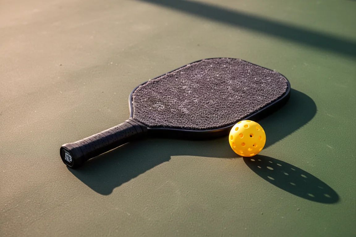 Paddle de pickleball reposant sur la surface du court à côté d'une balle de pickleball