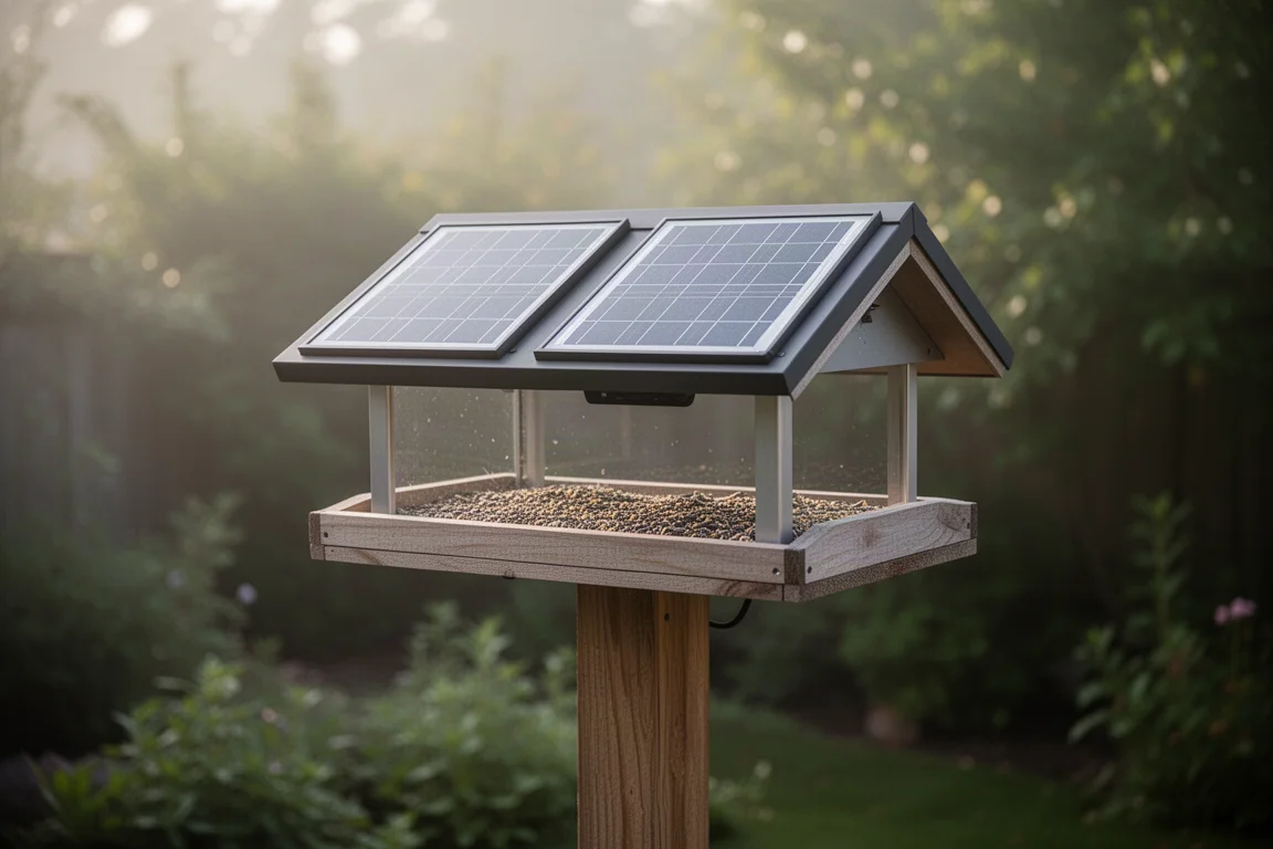 Smartes Vogelfutterhaus mit Solarpanel-Dach, montiert an einem Holzpfahl im Garten