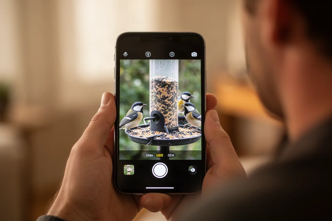 Live-Kameraansicht des smarten Vogelfutterhauses mit Meisen auf dem Futterschälchen