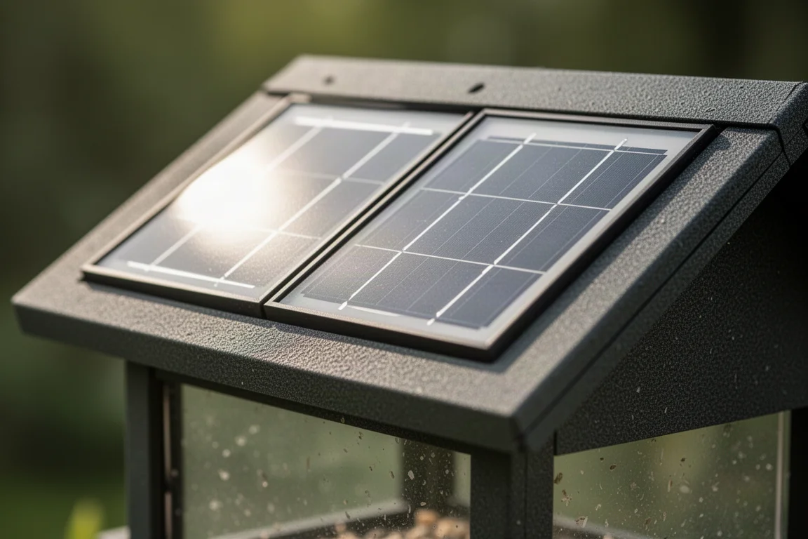 Nahaufnahme der doppelten Solarpanels auf dem Vogelfutterhaus-Dach im Sonnenlicht