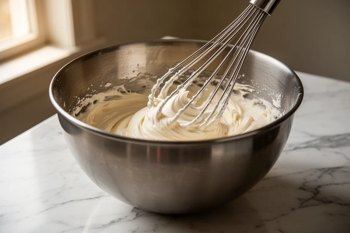 Mãos batendo creme em uma tigela grande de mistura de metal