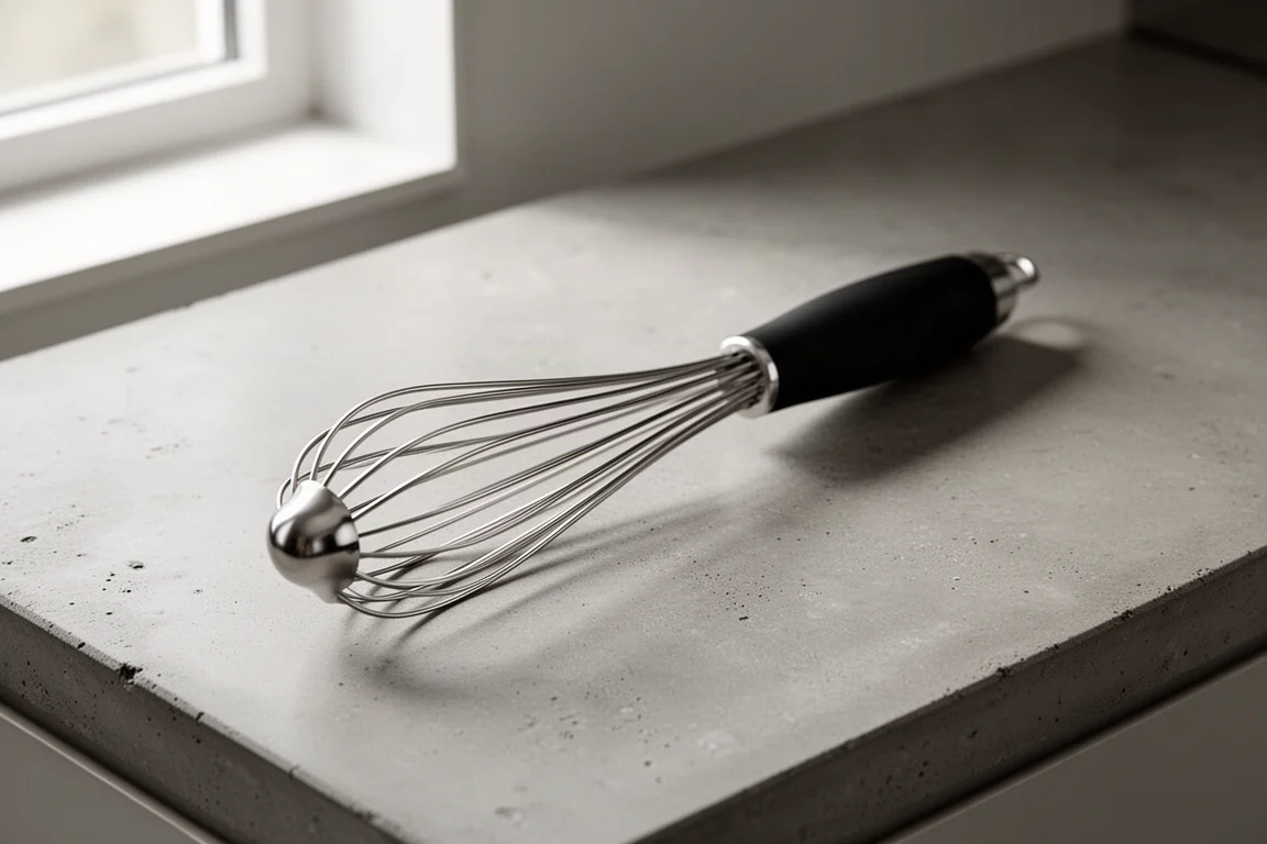 OXO Good Grips 11-inch balloon whisk with black handle on a kitchen counter