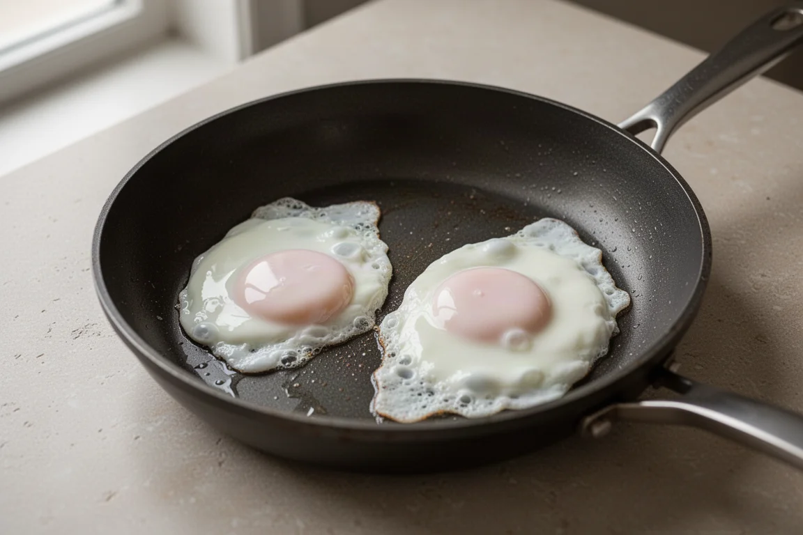 Huevos fritos deslizándose con facilidad por la superficie antiadherente de una sartén