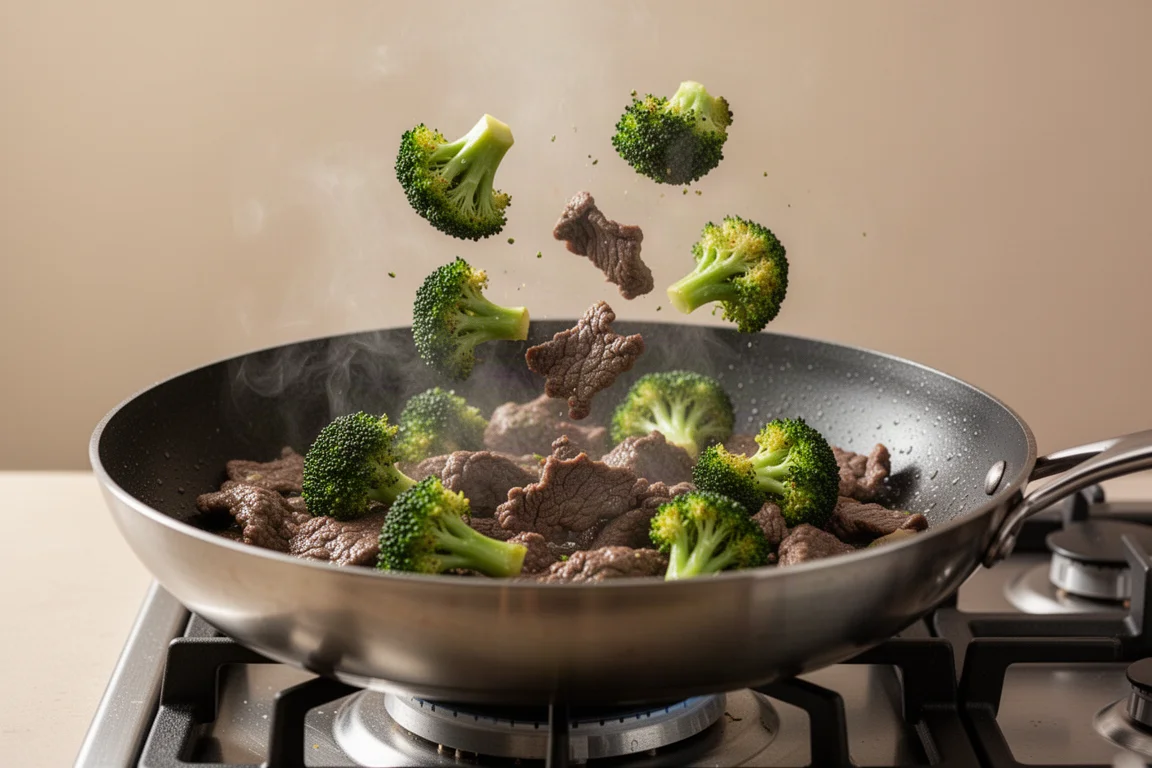 Ternera salteada con brócoli girando en una sartén amplia