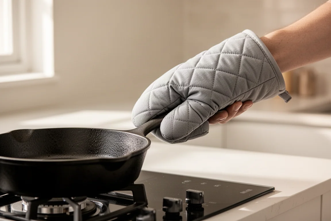 Person gripping a hot cast iron skillet handle with an oven mitt in a home kitchen