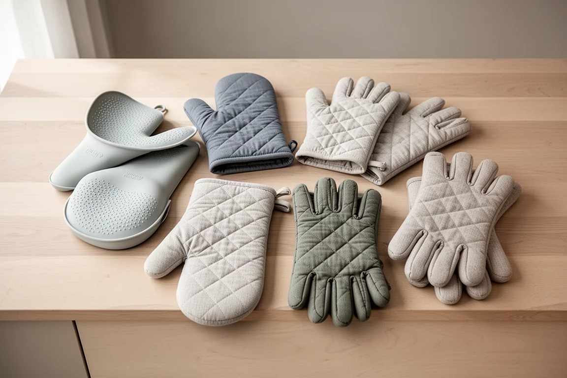 Fingered oven gloves and traditional mitts laid out side by side on a counter