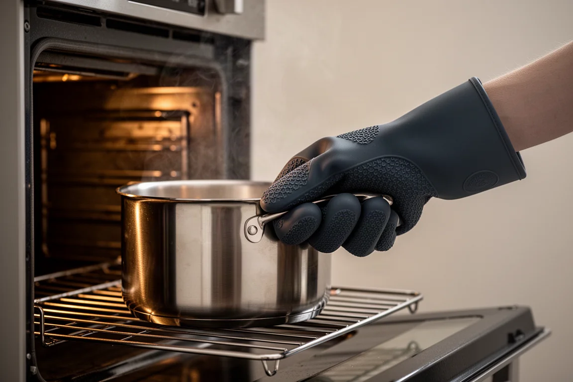 Hand lifting a hot saucepan from the oven wearing a silicone oven mitt