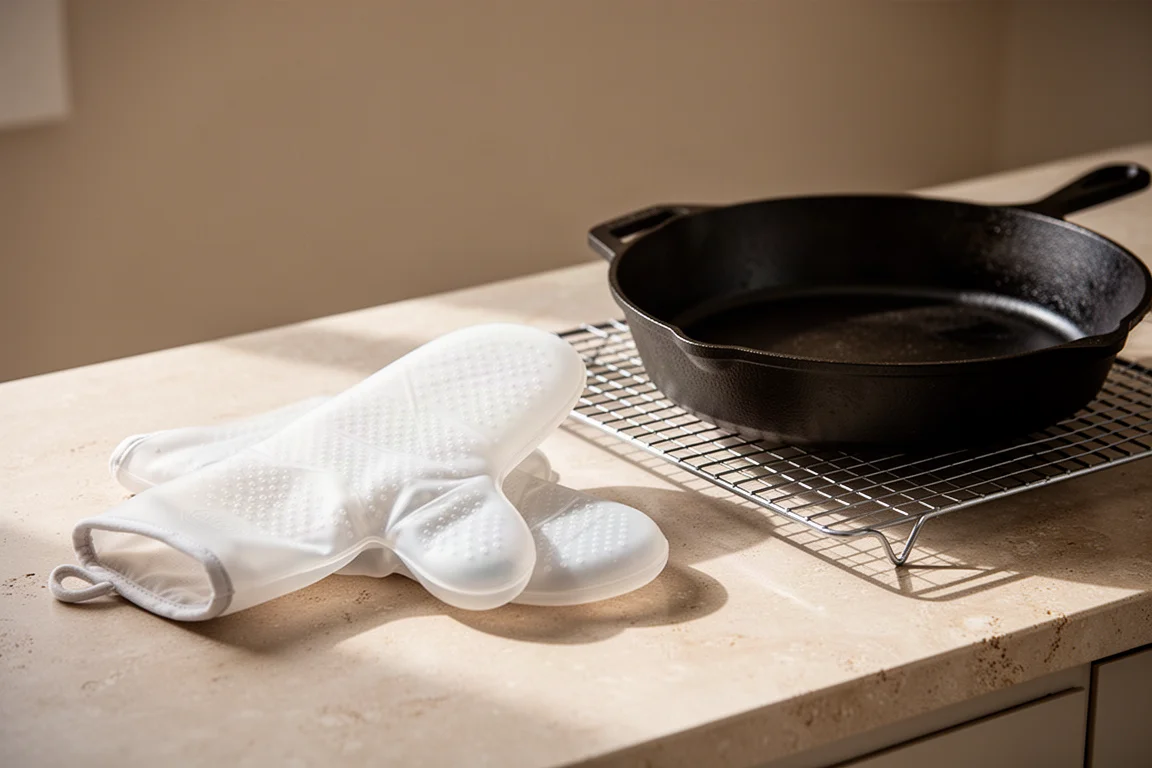 Silicone oven mitt resting on a kitchen counter beside a cooling rack and cast iron pan