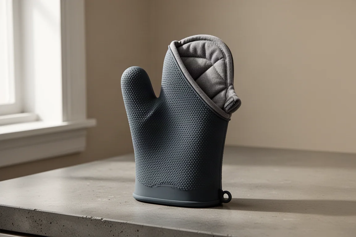 Silicone oven mitt standing upright on a matte concrete kitchen surface