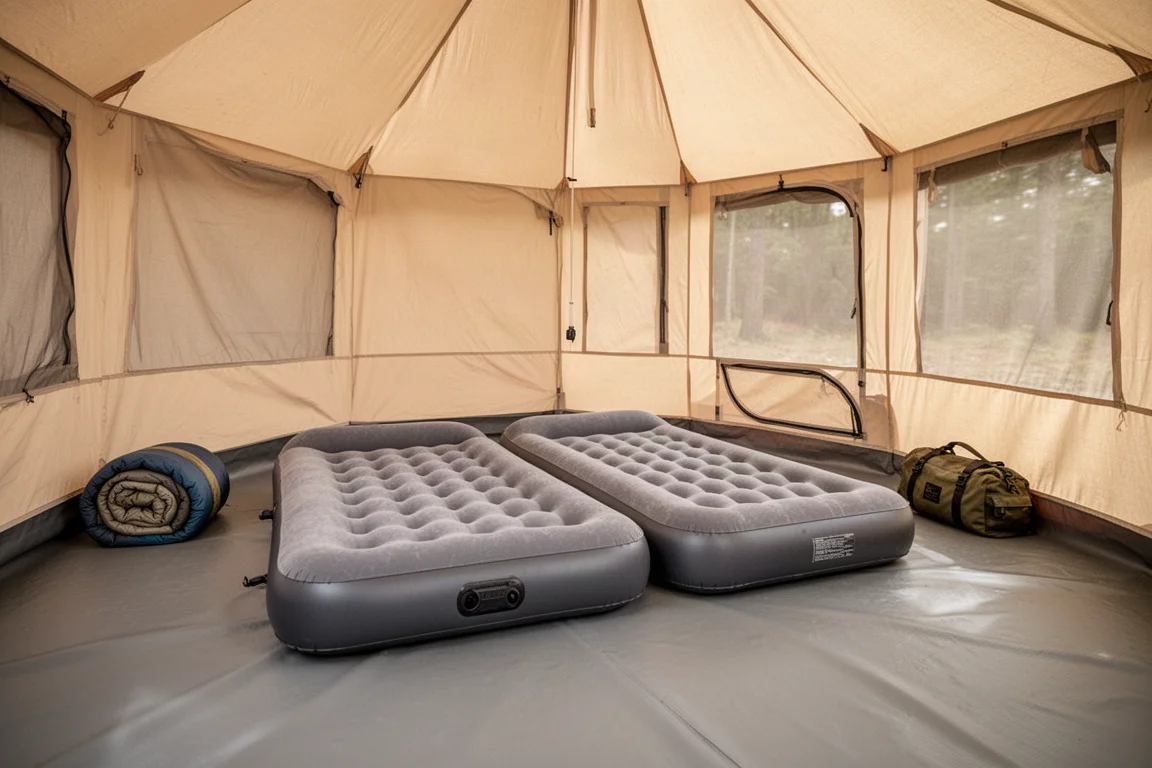 Två campingmadrasser och utrustning utplacerade i ett rymligt tältinteriör