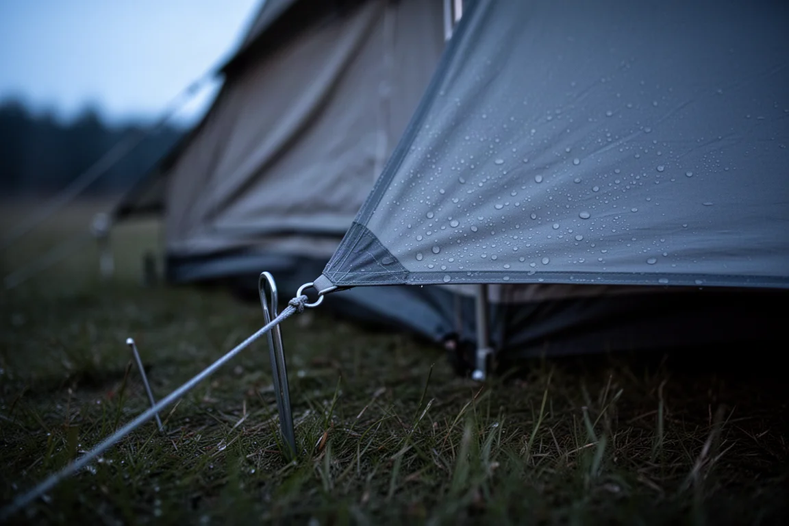 Tält uppfäst på fuktigt gräs med regn som pärlar sig på regnskyddet i skymningen