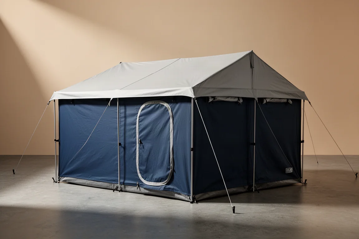 Large blue and grey cabin camping tent pitched on a matte concrete surface