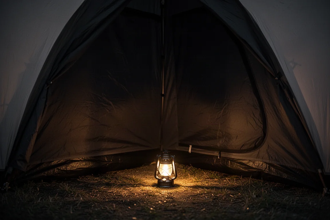夜晚 Dark Rest 營幕內部,一盞小營燈散發溫暖光暈