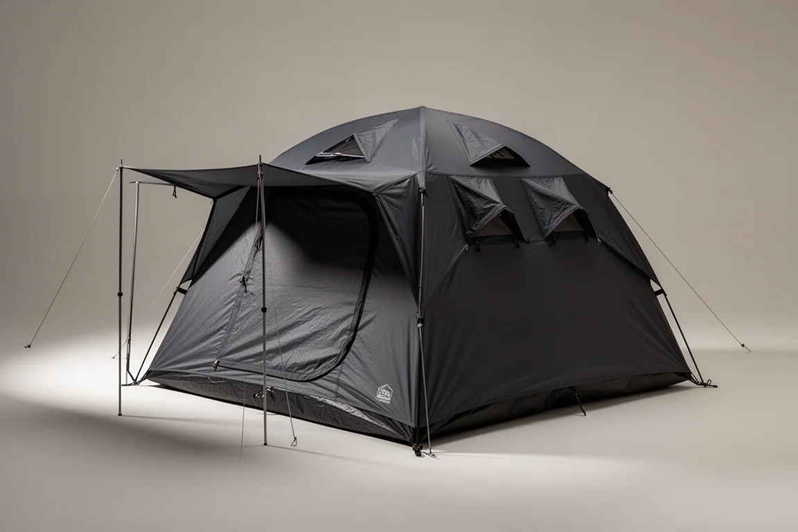 Six-person instant cabin tent in dark fabric pitched on a neutral grey studio backdrop