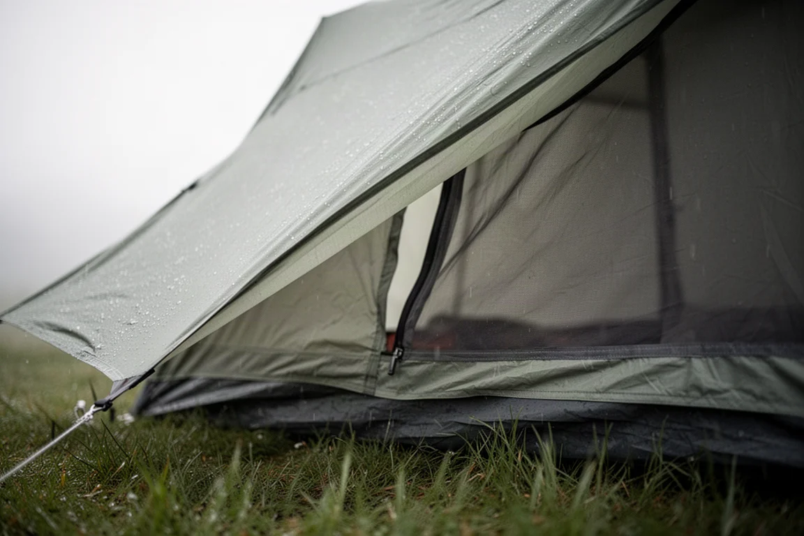 Vista interna de uma barraca A-frame com paredes inclinadas e uma lanterna sobre um isolante térmico
