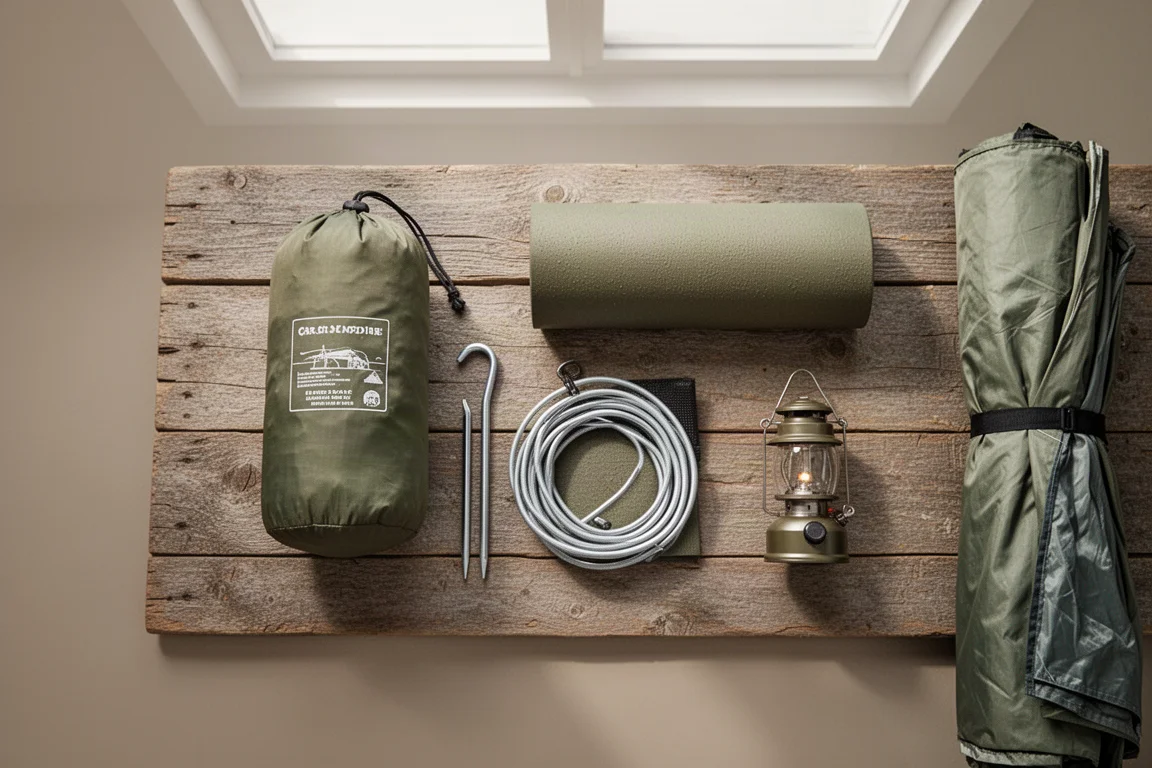 Visão superior de equipamentos de acampamento e uma bolsa de barraca compactada sobre concreto