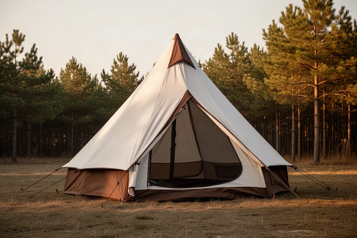 A-frame camping tent with white and brown panels pitched on grass beside a pine forest