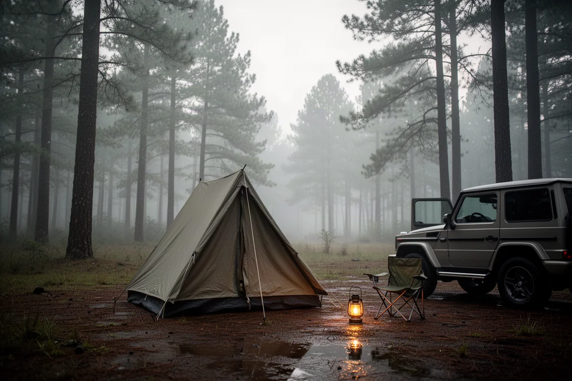 Small A-frame tent pitched in a forest clearing at dusk beside a parked vehicle
