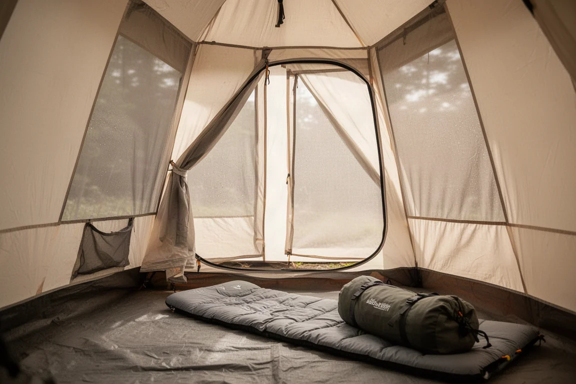 Interior of a lightweight tent with large mesh panels glowing with daylight