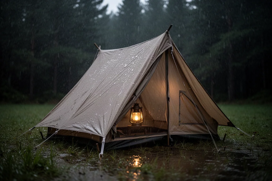 Rain running down the sloped fabric of a small A-frame tent at dusk
