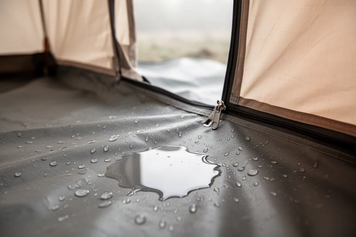 Close-up of a small puddle on a tent groundsheet beside a closed door zipper