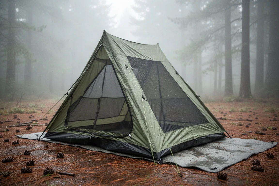 Compact A-frame camping tent with mesh panels pitched on a damp forest clearing