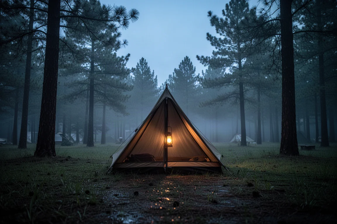 Interior de uma pequena barraca A-frame com dois colchões lado a lado e luz da manhã passando pela tela