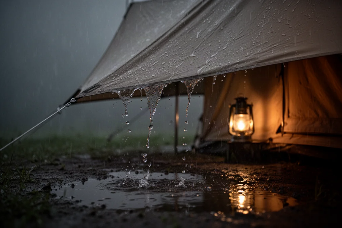 Chuva acumulando no sobreteto da barraca ao anoitecer, com estacas bem esticadas ao vento