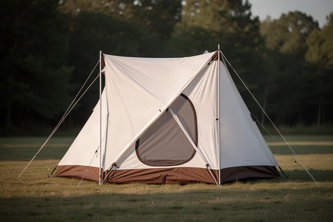 White and brown A-frame camping tent pitched on a grassy clearing in soft light