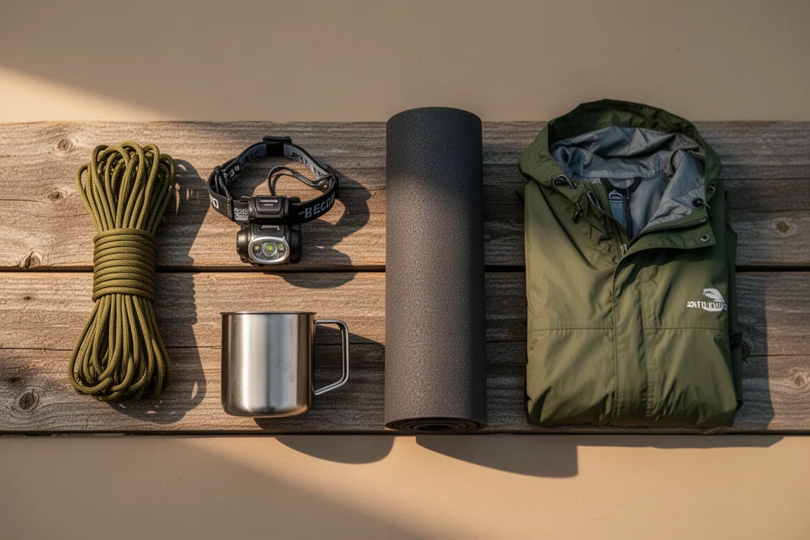 Flat-lay dall'alto di essenziali da campeggio economici su assi di legno consumate