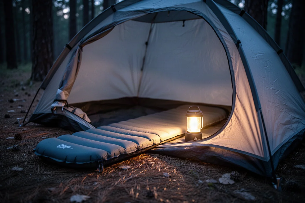 Materassino srotolato dentro una piccola tenda a cupola illuminata da una lanterna al tramonto