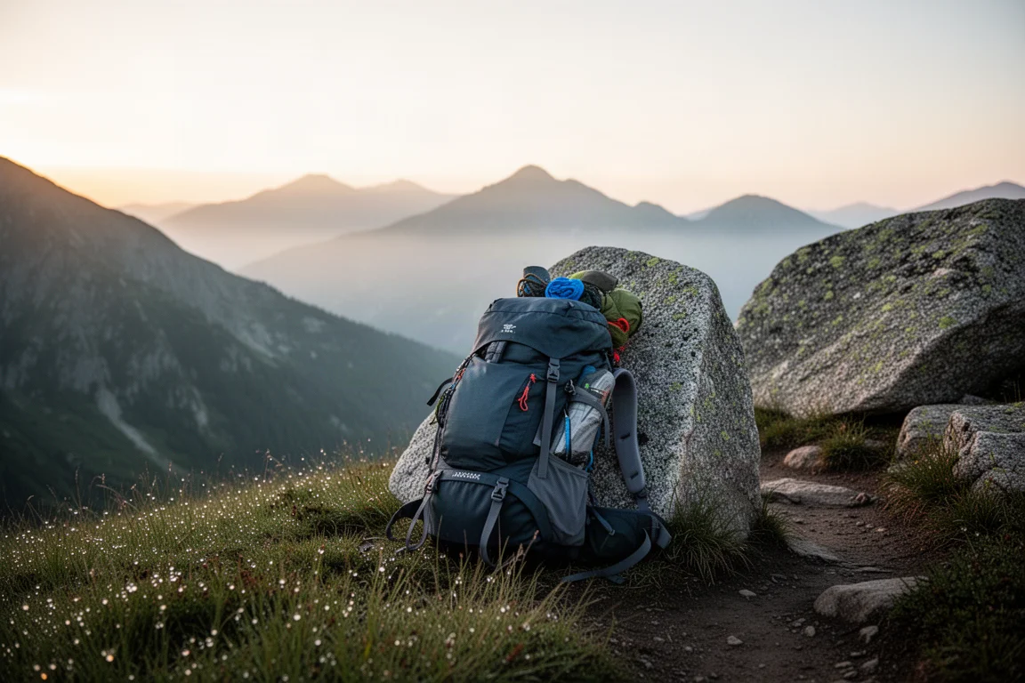 Zaino da trekking carico appoggiato a un masso accanto a un sentiero di montagna all'alba